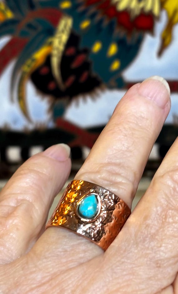 Solid Copper and Turquoise size 8 ring  Hand stam… - image 4