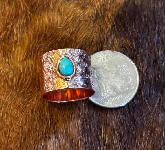 Solid Copper and Turquoise size 8 ring  Hand stam… - image 5