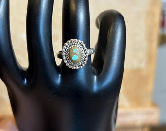 Number 8 Turquoise, Sterling Silver Ring: Ornate Boho Style, Size 7