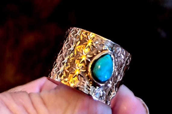 Solid Copper and Turquoise size 8 ring  Hand stam… - image 1