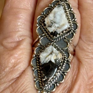 WHITE BUFFALO native ring. 2"long , size 8 Set in 925 sterling sliver , Adjustable, Unique Boho, Indian art fashion, American made Native