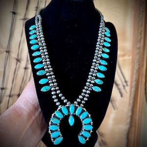 Kingman Turquoise Squash Blossom Necklace,  Unique art Turquoise Necklace, Sterling ,Southwestern Necklace, Handmade Squash Blossom, Native,