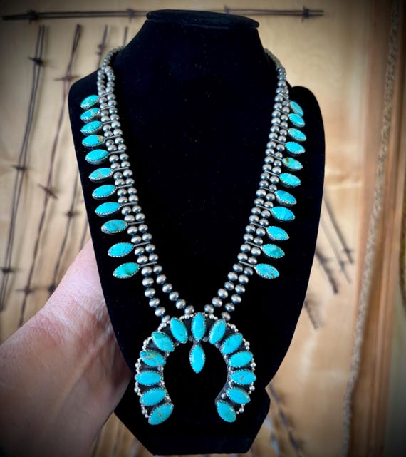 Kingman Turquoise Squash Blossom Necklace: Sterling Silver Southwestern Jewelry
