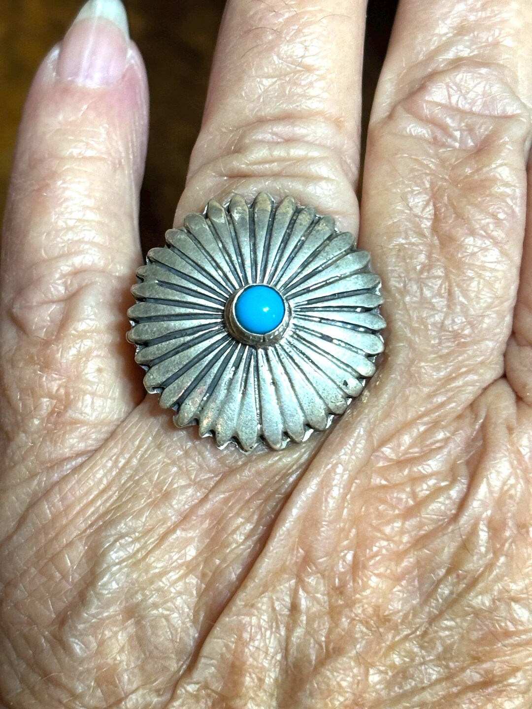 Kingman Turquoise Sterling Silver Ring: Sunflower Concho Ring 1 1/4 X 1 ...