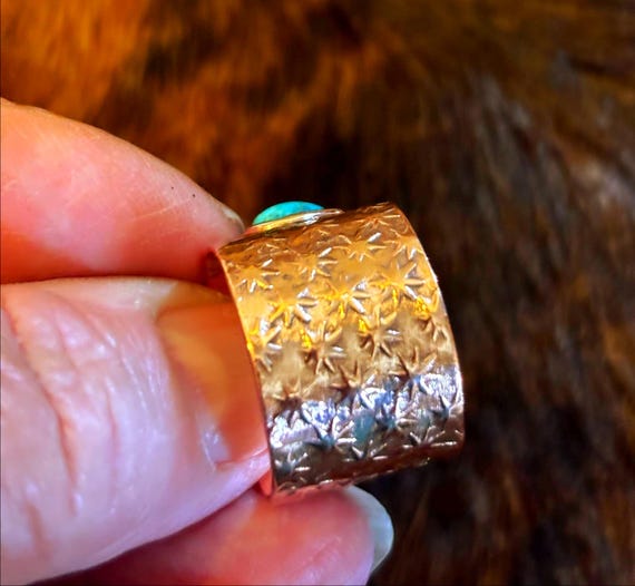 Solid Copper and Turquoise size 8 ring  Hand stam… - image 3