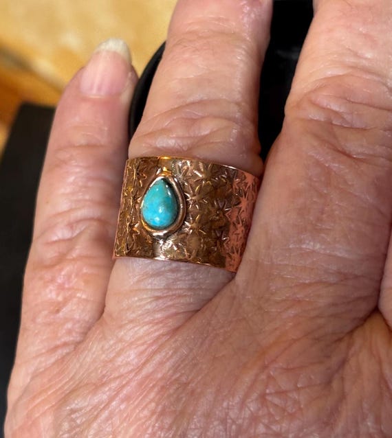 Solid Copper and Turquoise size 8 ring  Hand stam… - image 2