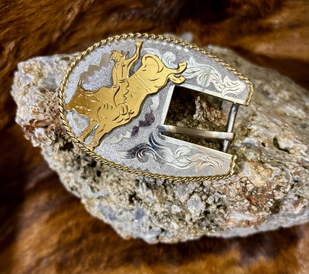 Hand Carved Bull Rider Belt Buckle: Nickel Silver Trophy, 3/4