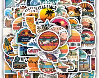 Set 60 Sunny California Waterproof Vinyl Stickers – Golden State Travel Decals with Beaches, Palm Trees, and West Coast Vibes!