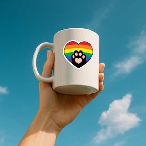 Może przedstawiać: Biały ceramiczny kubek z tęczowym sercem i czarnym odciskiem łapy. Kubek jest trzymany na tle błękitnego nieba. Serce ma ż&oacute;łty kontur i kolory tęczy. Idealny do gorących napoj&oacute;w.