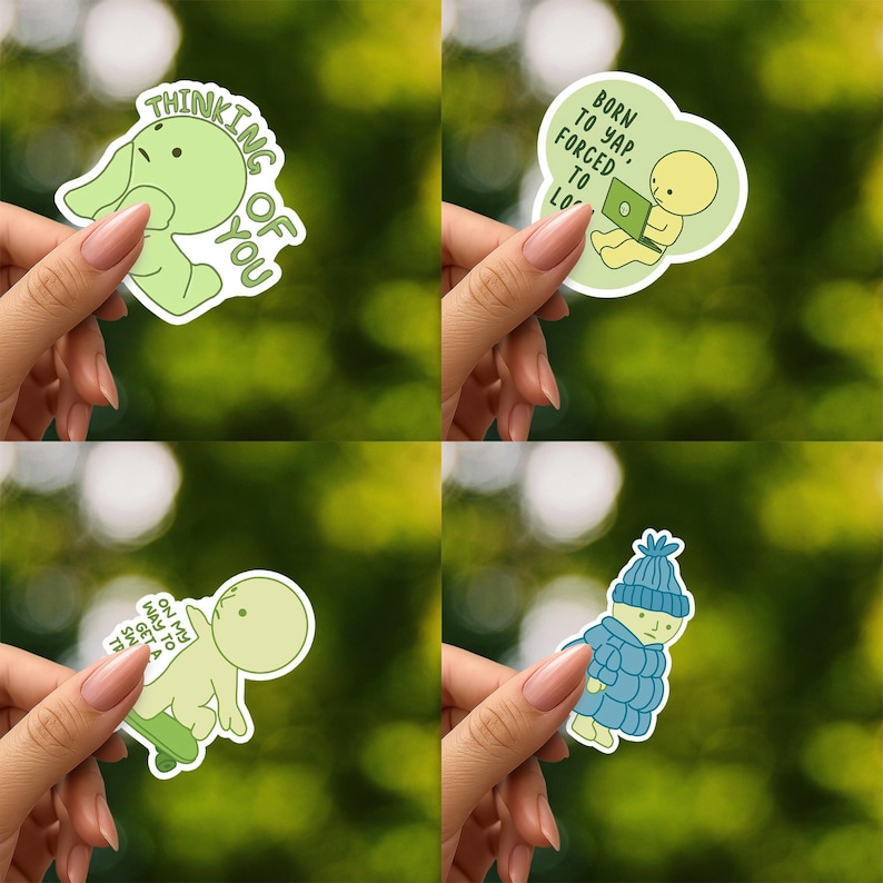 May include: Four stickers with cartoon illustrations. One sticker says "Thinking of You" with a green character. Another says "Born to Yap, Forced to Lo" with a yellow character. A third says "On My Way to Get a Ms Tr" with a green character. The last sticker shows a character in a blue hat and coat.