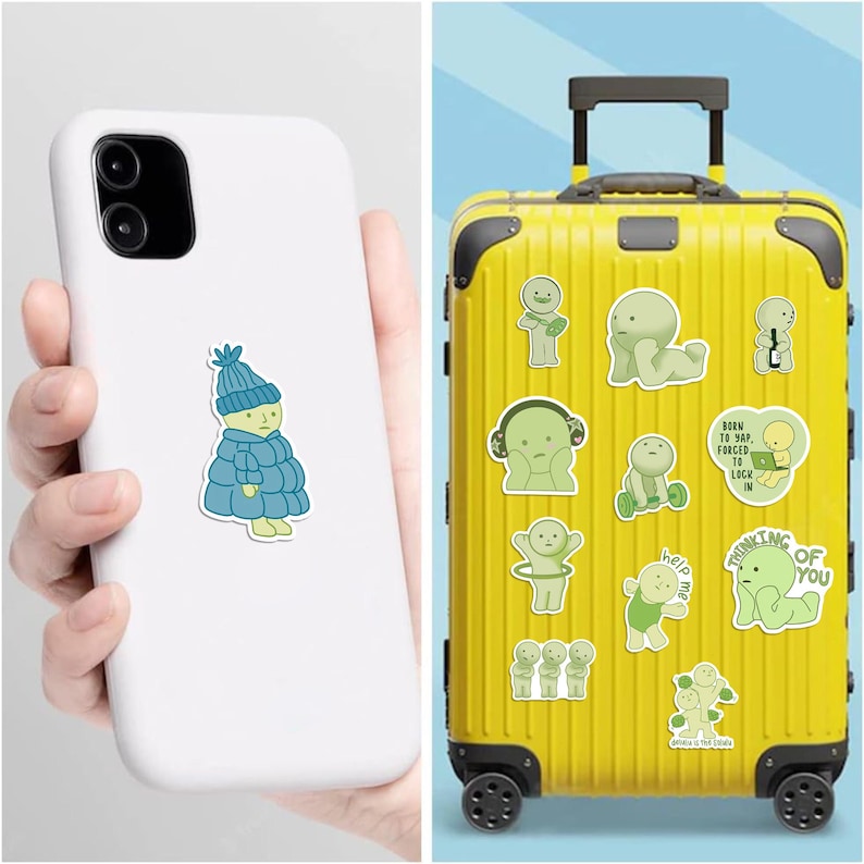 May include: A white phone case with a sticker of a cartoon figure wearing a blue hat and coat. A yellow suitcase is covered in various green cartoon stickers, some with text like "Thinking of You" and "Born to Yap, Forced to Lock In".