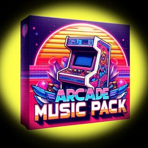 Op de afbeelding: Een retro-stijl illustratie van een arcade-spel met een roze, blauwe en gele kleurschema. De tekst "ARCADE MUSIC PACK" wordt weergegeven in vetgedrukte, witte letters.