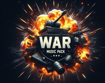 May include: A black and orange explosion with a tank and guns in the centre. The text "WAR - MUSIC PACK - ***" is on a black shield.