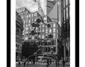 Black And White Print of  Urban Stainless Steel Sculpture in London  With Modern Architecture / Wall Art Print/ Wall  Print/Digital Download