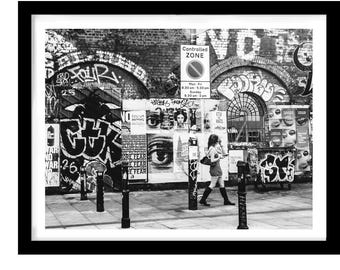 Black & White Street Photography Print/Woman  Walking Past  Graffiti Wall and Posters in Urban Street Scene/Pub,Restaurant  Decor/Print Gift