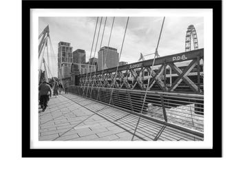 Golden Jubilee Footbridge With London Eye And River Thames Views Print/Black White Fine Art Print, Monochrome London Photography,Street Art