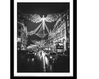 Christmas Angel Lights Over Busy London Street At Night With Double-Decker Bus Black And White London Photography Print,