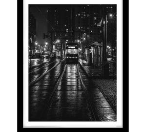 Black And White Tram Night Photography Print, Moody Urban Street Scene, Giclee Fine Art Photo, A2 A3 A4  Wall Art Prints/
