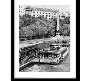 London Riverboat At Embankment With Cleopatra's Needle Black & White London Architecture Print:  (Digital Download)