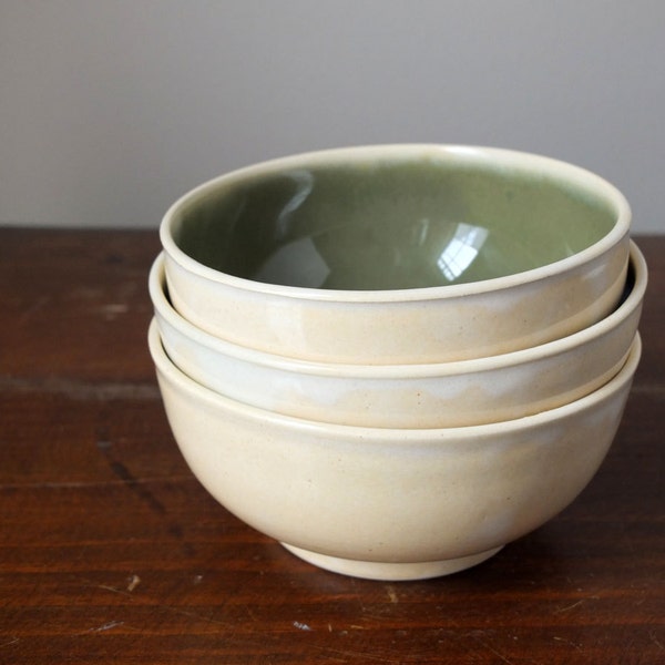 3 Ivory Sencha Green Tea Small Cereal Ice Cream Bowls Wheel Thrown Stoneware Ceramic Pottery by GemFOX SRA USA