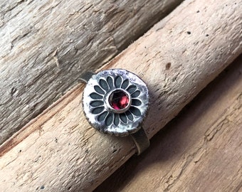 Recycled Sterling Silver Flower Ring with Faceted Garnet