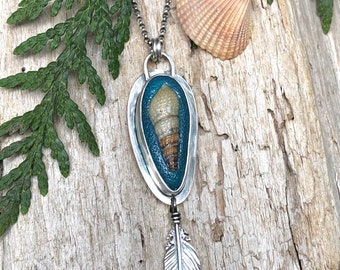 In the Deep, Sea and Sky Pendant, handcrafted, shell and feather pendant