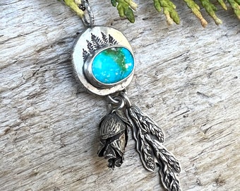 Fall on the Forest Floor Pendant, Sonoran Mountain Turquoise, Recycled Sterling Silver, Cast Cedar Cone and Sprigs