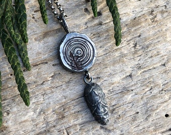 Log Slice Cone Drop with Stamped Tree, Recycled Sterling Silver, Handcrafted