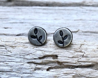 Leafy Sprig Stud Earrings, Recycled Sterling Silver, Handcrafted in USA