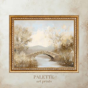 Rustikale Steinbrücke über Sanfter Bach | Vintage Digitales Ölgemälde Landschaft | Ruhige Natur Wand Kunst Druck Rustikales Wohnkultur - LND026