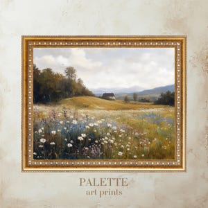 Countryside Wildflower Meadow Digital Painting, Cozy Cottage Landscape Art, Nature Wall Decor, Floral Field Scene, Rustic Home Decor -LND117