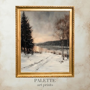 Frozen Lake Sunset Painting with Snow-Covered Shore and Trees, Winter Landscape Artwork, Cozy Wall Art for Rustic Homes - WNT016