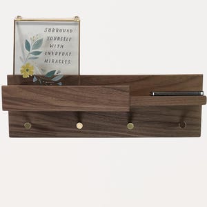 Solid Walnut Key Holder, Entryway Organization with Shelf, Phone Storage, Floating Wood Shelving, Wall Mount Key Rack, Solid Brass Hooks
