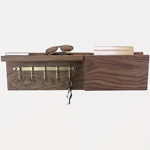Solid Walnut Entryway Organizer: Brass Key Hooks & Mail Holder