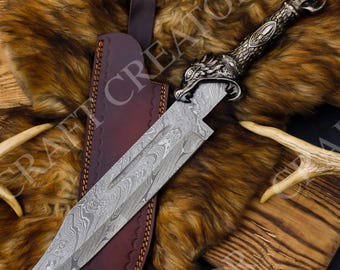 Hand Forged Damascus Steel Viking Knife: Dragon Guard Hunting Blade