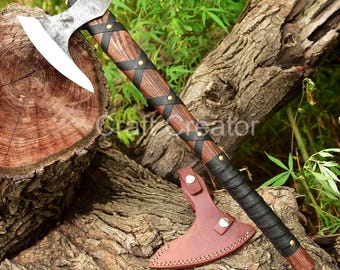 Custom Hand Forged Viking Axe with Wood Shaft - Wedding & Birthday Gift for Him
