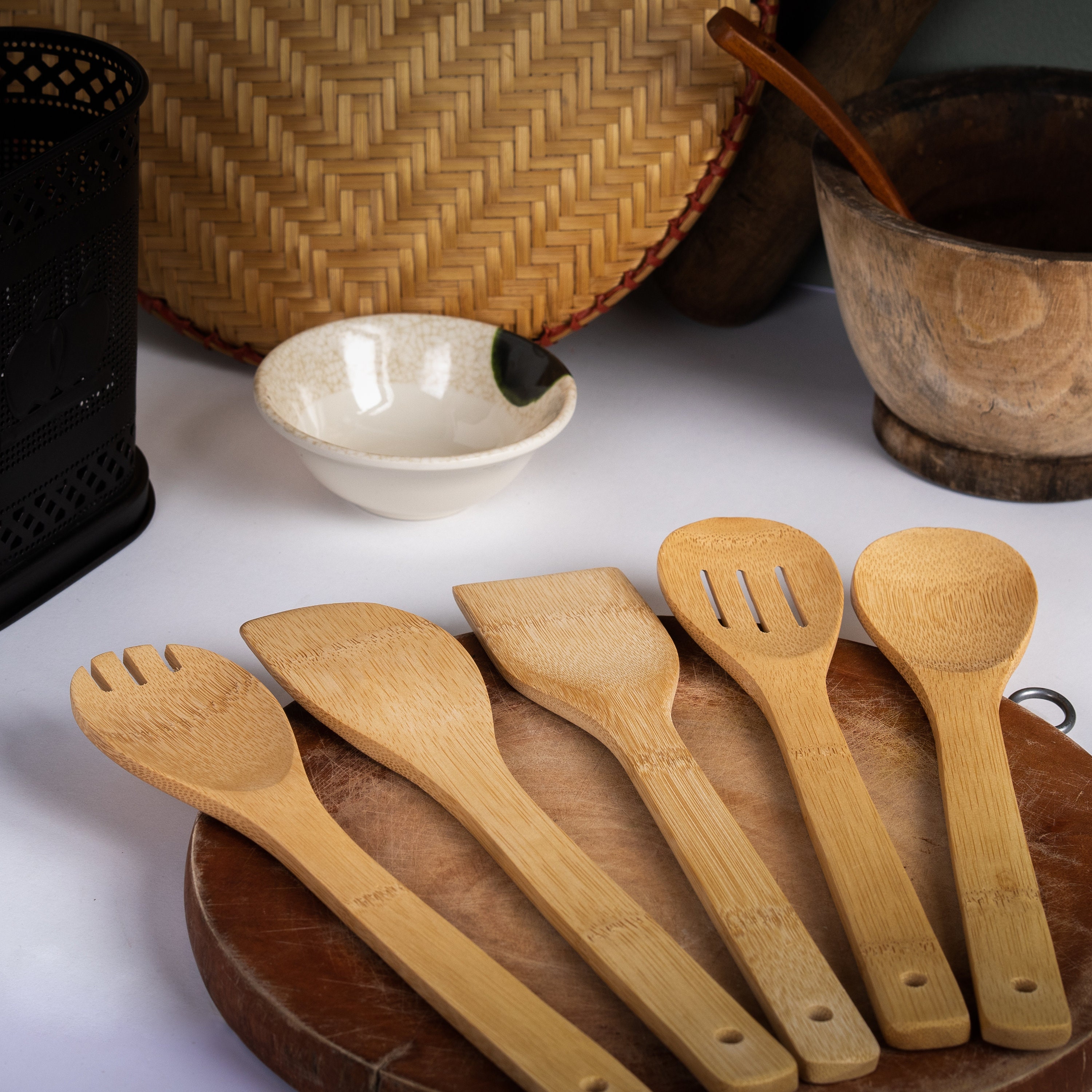 5pcs, Bamboo Ladles, Wooden Spoons Utensils, Bamboo Cooking Utensils Carve  Burned Wooden Spoon, Slotted Spatulas, Funny Kitchen Gadgets Non-stick Cook