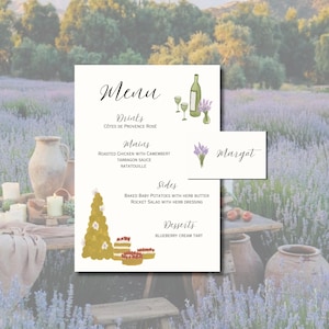 Sjabloon Franse lavendel & plaatskaartbundel, met de hand geïllustreerd feestmenu, lente provinciaal canva bewerkbare sjabloon, wijn, etentje