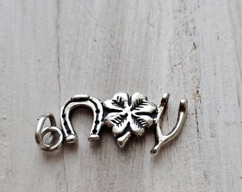Good Luck Charm Pendant | Horseshoe, Four Leaf Clover, Wishbone Pendant | Lucky Fortune Protection Charm | Sterling Silver | Gambling Gift
