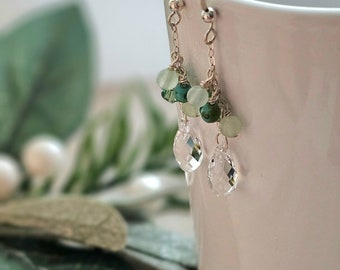 Green Dangle Earrings | Crystal Clusters Aventurine Beads | Sterling Silver | Holiday Sparkle Earrings | Nature Gift ARBOR Heart in Hand