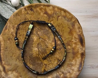 Tila Bead Bracelet | Miyuki Glass Tile Beads | Black Olive Sage Green | Earthy Colors | Jewelry Gift | String Bracelet HeartinHand