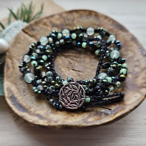 Green Gemstone Wrap Bracelet | Crochet Beaded Bracelet, Moss Agate Jade