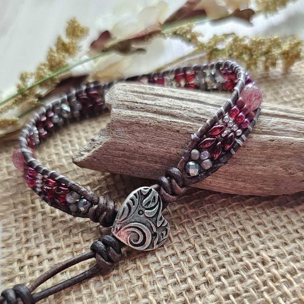 Strawberry Quartz Beaded Leather Bracelet: Pink Burgundy Gemstone