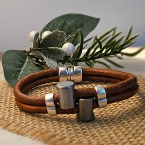 Men's Leather Bracelet Brown Leather Biker Bracelet Gift for Him Rugged Leather Bracelet Masculine Modern Unisex Style image 2