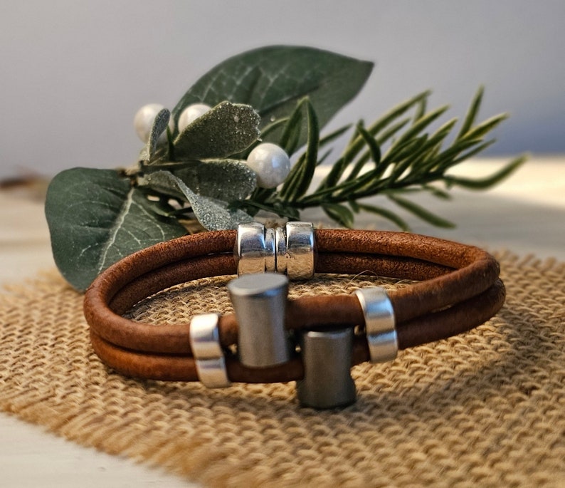 Men's Leather Bracelet Brown Leather Biker Bracelet Gift for Him Rugged Leather Bracelet Masculine Modern Unisex Style image 2