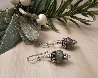 Labradorite Dangle Earrings | Gemstone Earring | Short Minimal Drop Earring | Gray and Silver Earring ERWYN HeartinHand