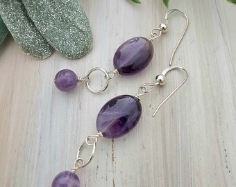 Purple Amethyst Earrings | Gemstone Dangle Earring | Everyday Casual Minimal | Sterling Silver | February Birthstone Gift FUSION HeartinHand
