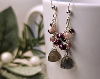 Labradorite Drop Earrings | Multi Gemstone Cluster Earrings | Pearls, Pink Tourmaline, Garnet Dangles | Sterling Silver SURI HeartinHand