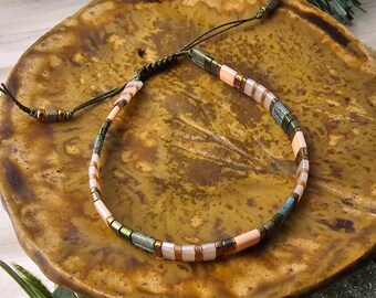 Tila Bead Bracelet | Miyuki Glass Tile Beads | Peach Sage Green | Earthy Rustic Colors | Friendship Gift | String Bracelet PETRA HeartinHand