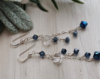 Star Earrings | Cascade Dangle Earrings | Sterling Silver Chain | Sapphire Blue Crystals | Blue Earrings | KRINGLE by Heart in Hand Designs